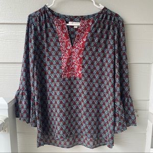 LOFT Patterned Red and Teal Peasant Blouse